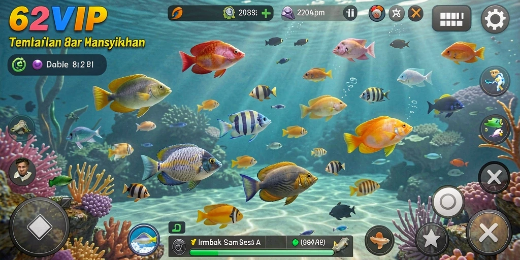 Gameplay seru menembak ikan di 62VIP dengan warna-warna cerah.