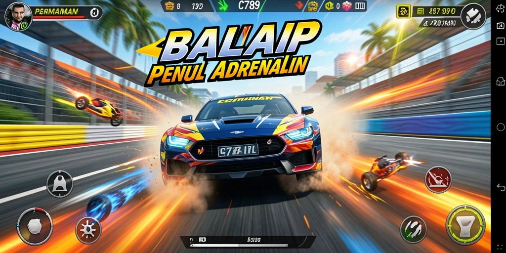 Screenshot gameplay C789 menampilkan balapan yang penuh aksi dan kecepatan.