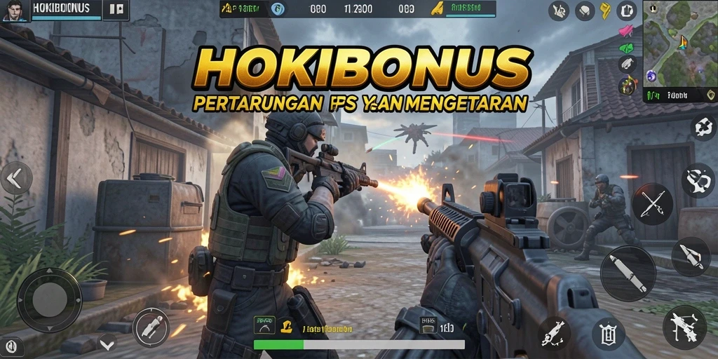 Screenshot utama HOKIBONUS dengan tampilan gameplay FPS yang menarik.