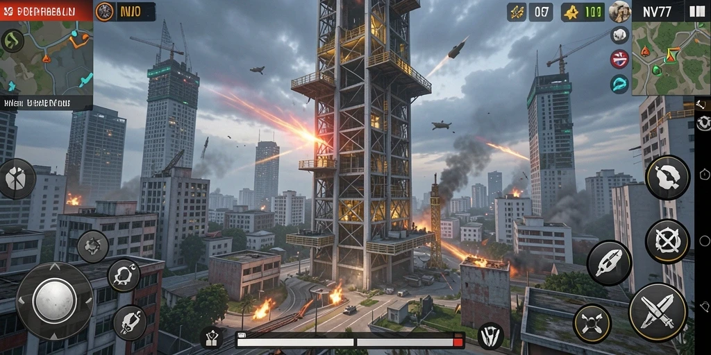 Screenshot NV77 menampilkan serangan musuh dan menara pertahanan yang aktif.