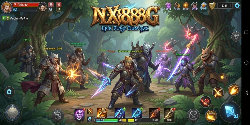 Tampilan gameplay NX888 yang menampilkan pertempuran epik dan karakter menarik.