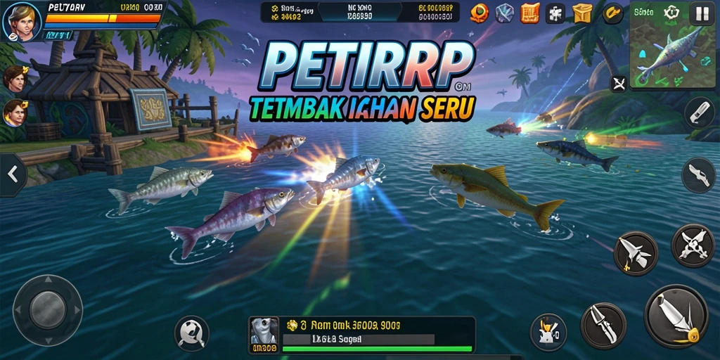 Screenshot utama PETIRRP dengan aksi menembak ikan yang seru.