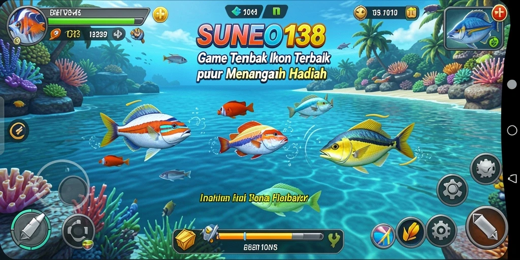 Screenshot SUNEO138 menampilkan gameplay menembak ikan yang seru dan berwarna.